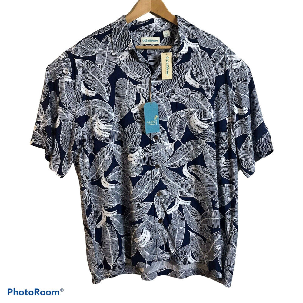 CARIBBEAN R&Y Short Sleeve Camp Hawaiian Shirt Blue Palm Trees Size XL NEW $69